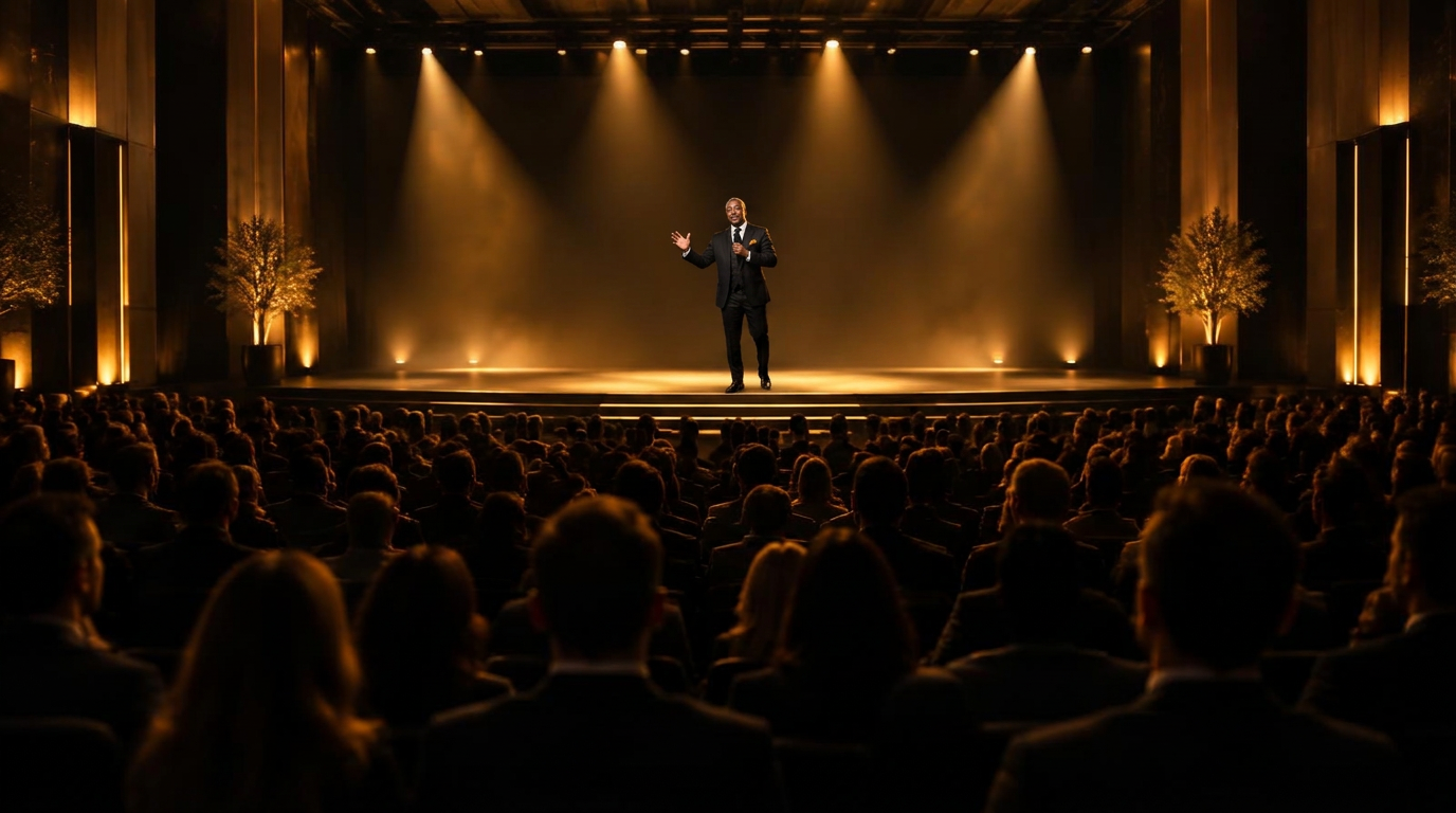 Abraham G. Owoo speaking on stage to a full seminar hall